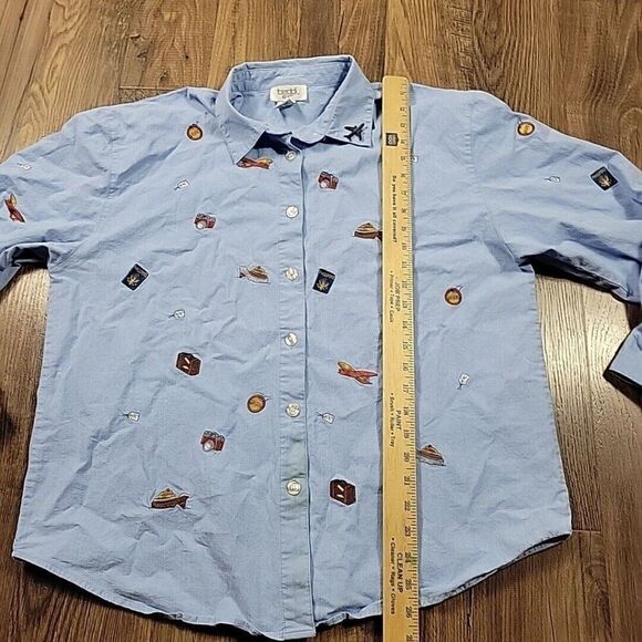 Vintage Teddi Shirt Womens XL Cameras Planes Embroidery Button Up Toll Tab STAIN - Picture 8 of 9